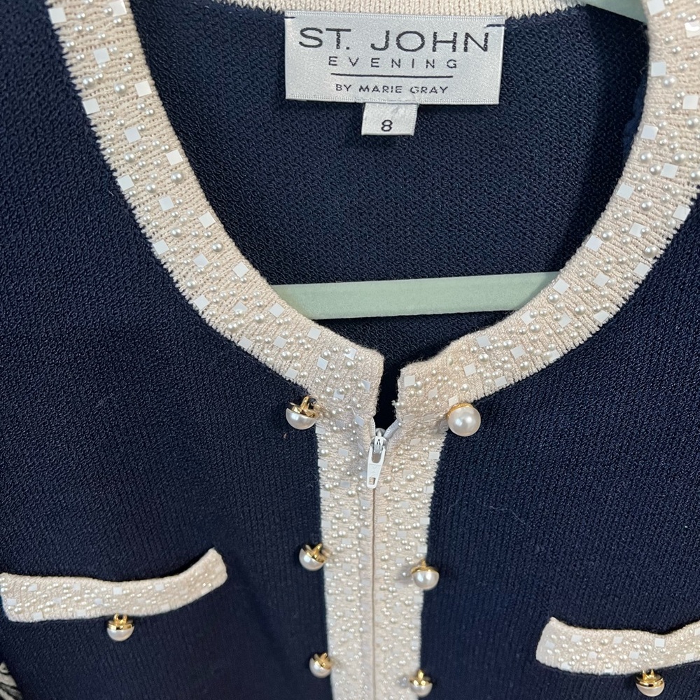 VTG St. John's Evening "The Knit Bling Cardigan" luxury Navy/Cream/Pearl Size 8 - Picture 10 of 13